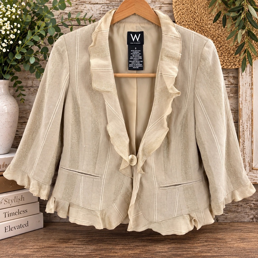 Work To Weekend Metallic Gold Blazer Size 8 Ruffle Peplum Coquette Glam Jacket